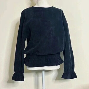 Qearal Charcoal Black Corduroy Long Sleeve Ruffled Cuffs Women’s Top Size Large